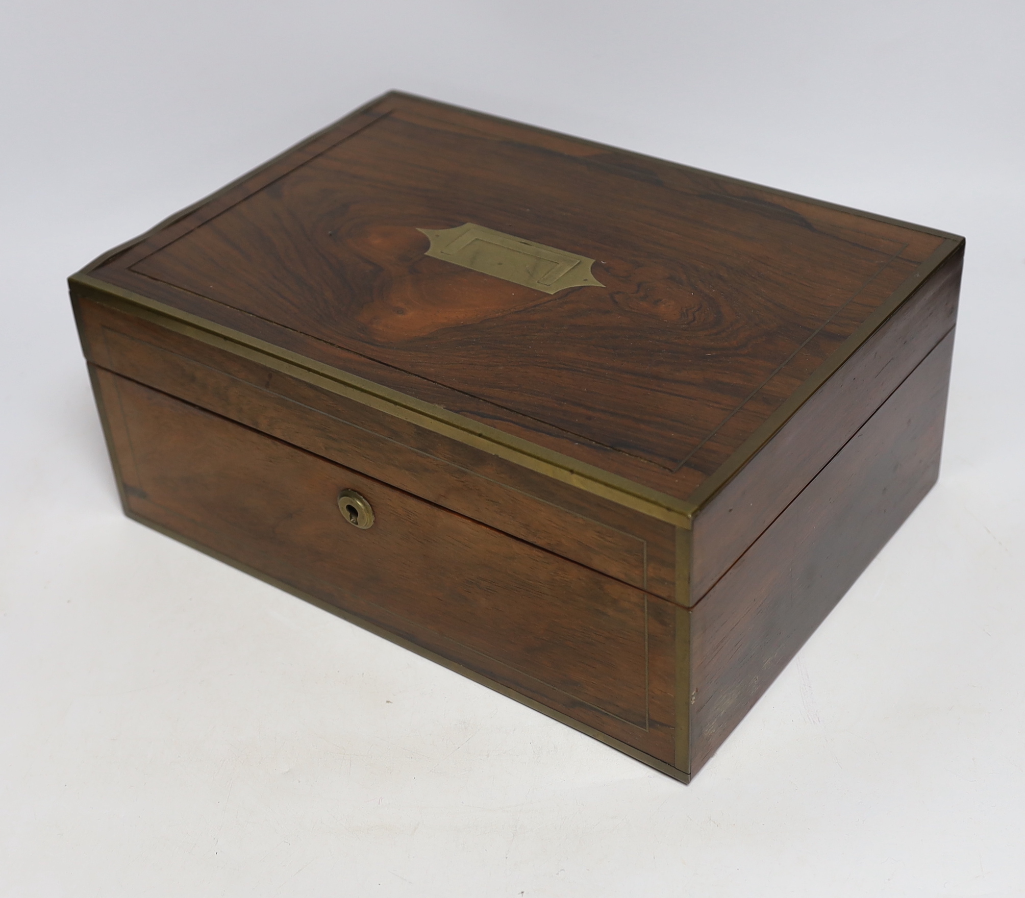 A Victorian brass bound rosewood writing box, 30.5 x 22 x 13cm, a George IV satinwood tea caddy and three Japonaise lacquered wall brackets